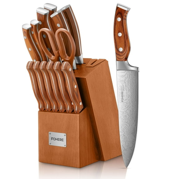 FOHERE Knife Set with Built-in Sharpener,14-Piece High Carbon Stainless Steel Sharp Kitchen Knife Set with Wooden Block, Brown