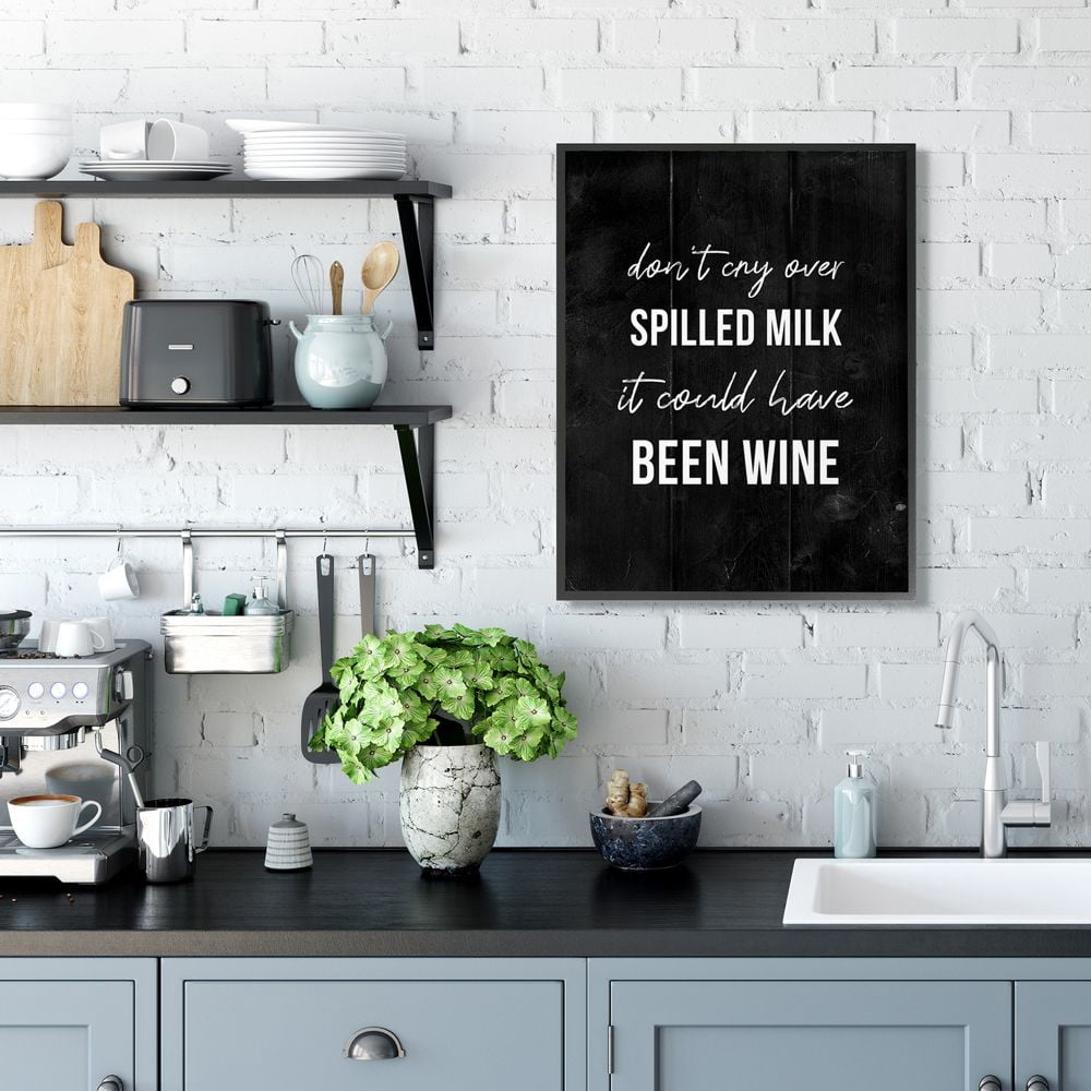 Stupell Industries Rustic Spilled Milk Phrase Wine Comedy Black White Framed Wall Art Design by Daphne Polselli, 24" x 30", Black Framed