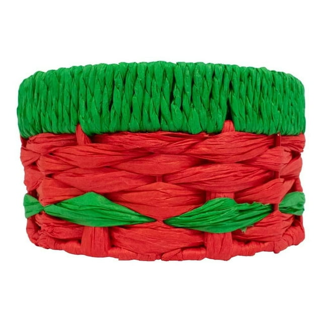 canasta holiday time redona de cuerda de papel para almacenamiento, cesta redonda navideña roja y verde con cuerda de papel trenzada, vista frontal que muestra borde superior verde, cuerpo rojo con motivos verdes tipo hoja y textura artesanal, ideal para guardar adornos, dulces o pequeños regalos.