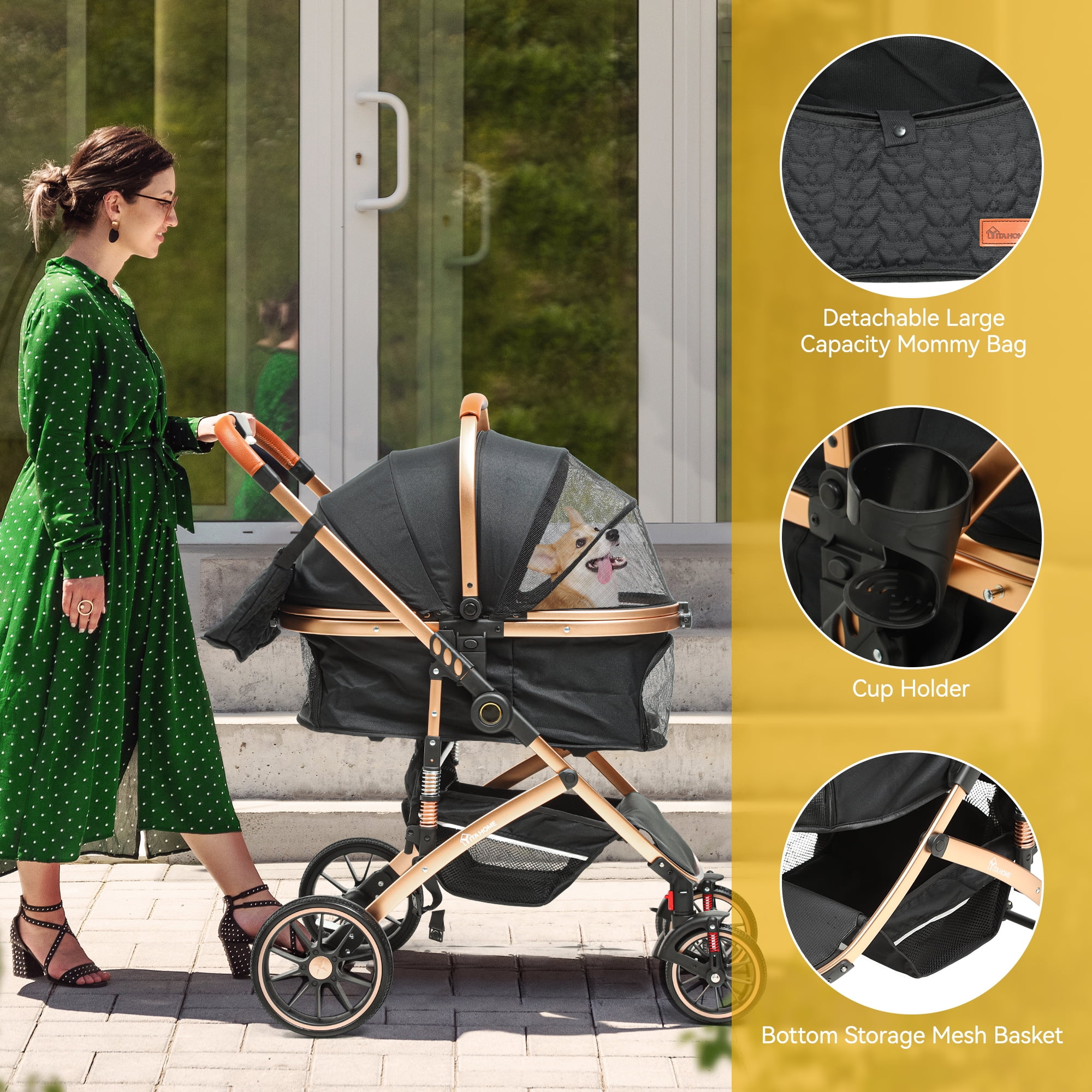Dextrus 3-in-1 Dog Stroller with Detachable Storage Basket, Foldable Pet Stroller with 360? Rotation Wheel, for Small Medium Dogs & Cats,Black