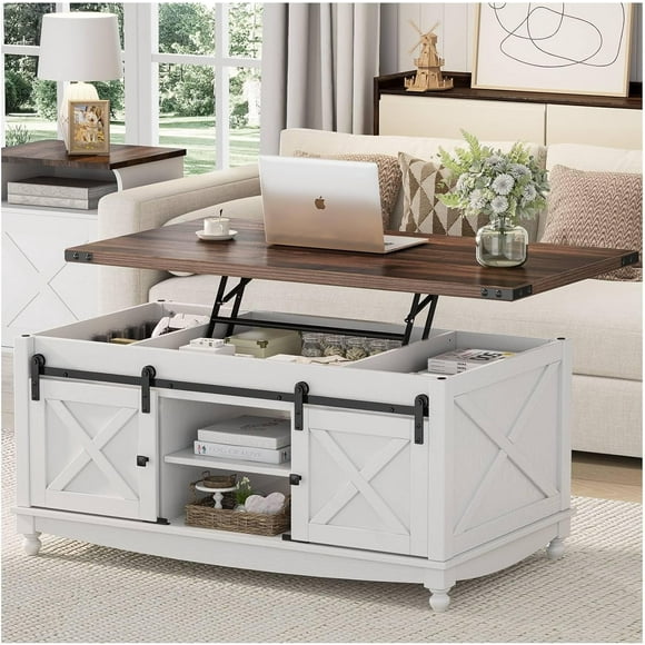 Flycity 48" Farmhouse Lift Top Coffee Table with Storage Sliding Barn Door, Lifting Tabletop Rustic Center Table with Large Hidden Compartment for Living Room, White & Brown & Black