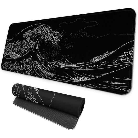Large Gaming Mouse Pad, Full Keyboard Mat, Long Laptop Mousepad, Computer Mouse Mat for Home and Office, Anti-Slip Rubber Base, 31.5 x 11.8 Inches (Black Sea Wave)