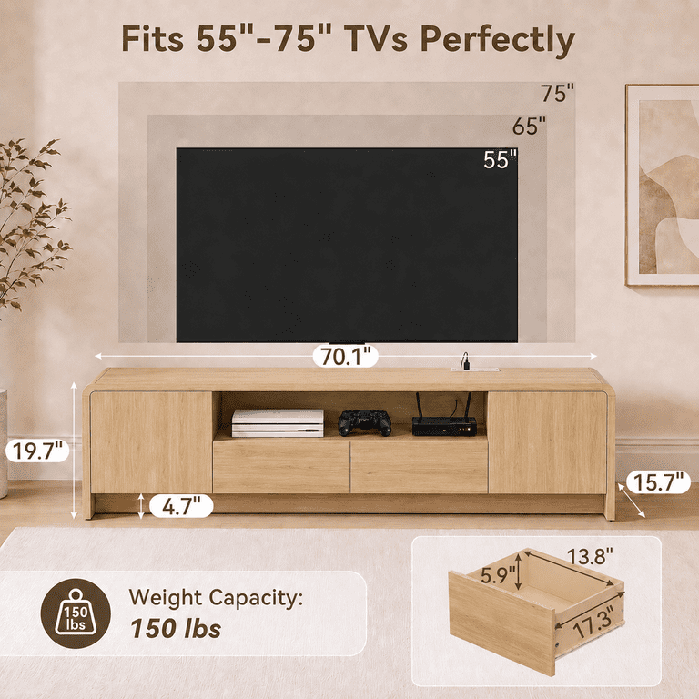Lacoo 70 Inch TV Stand for 55-75 Inch TVs, Entertainment Center with 2 Drawers and Storage Cabinets, Media Console for Living Room , Natural