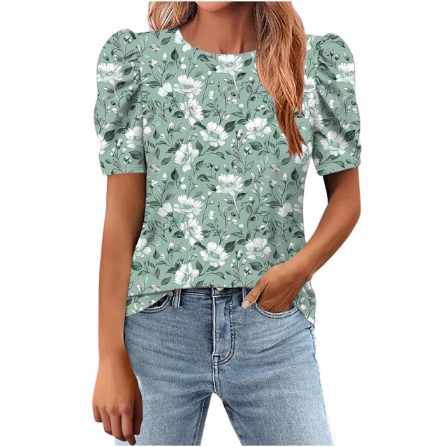 Tnhcen Blouses d'Été à Manches Courtes pour Femmes / Hauts à Col Rond Imprimés Coupe Ample / Mélange Polyester Spandex P-2TG