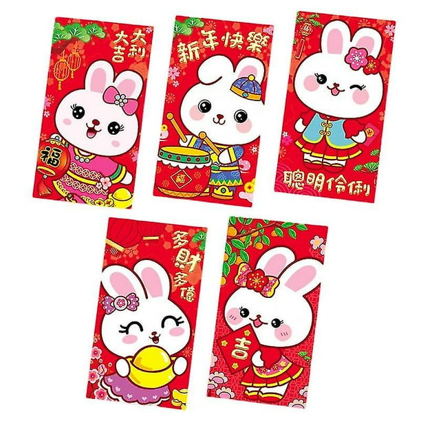 Sobres rojos con diseño de conejo de dibujos animados, papel recubierto estampado, sobres rojos con estampado de conejito para Año Nuevo, 5 uds.