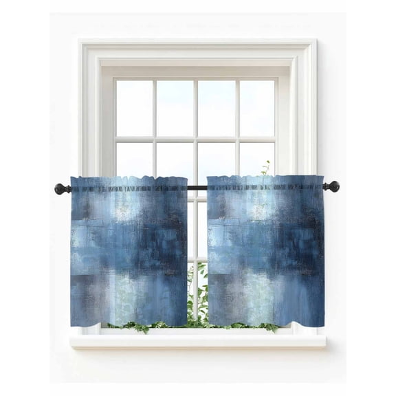 Blue Ombre Tier Curtains 36 Inch Length,Sheer Curtains for Bedroom Living Room Window Oil Painted Retro Abstract Art Modern Rod Pocket Drapes Kitchen Curtains Small Half Window 27.5"x36" 2 Panels