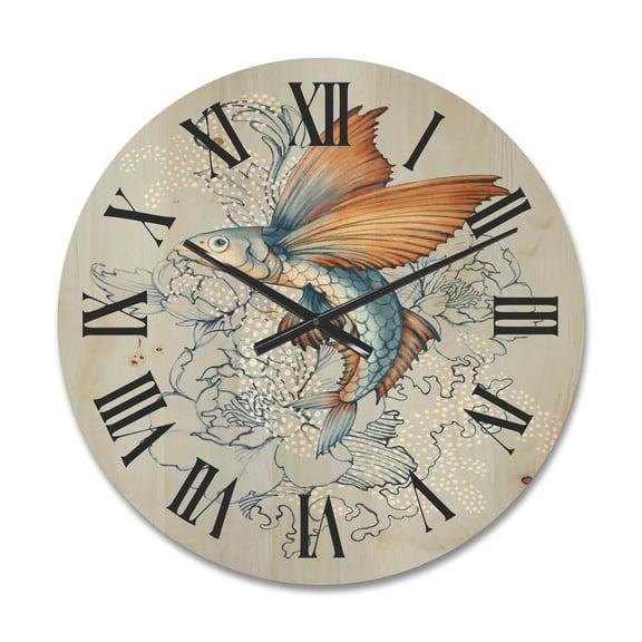 Designart 'Flying Fish and Peonies' Traditional Wood Wall Clock