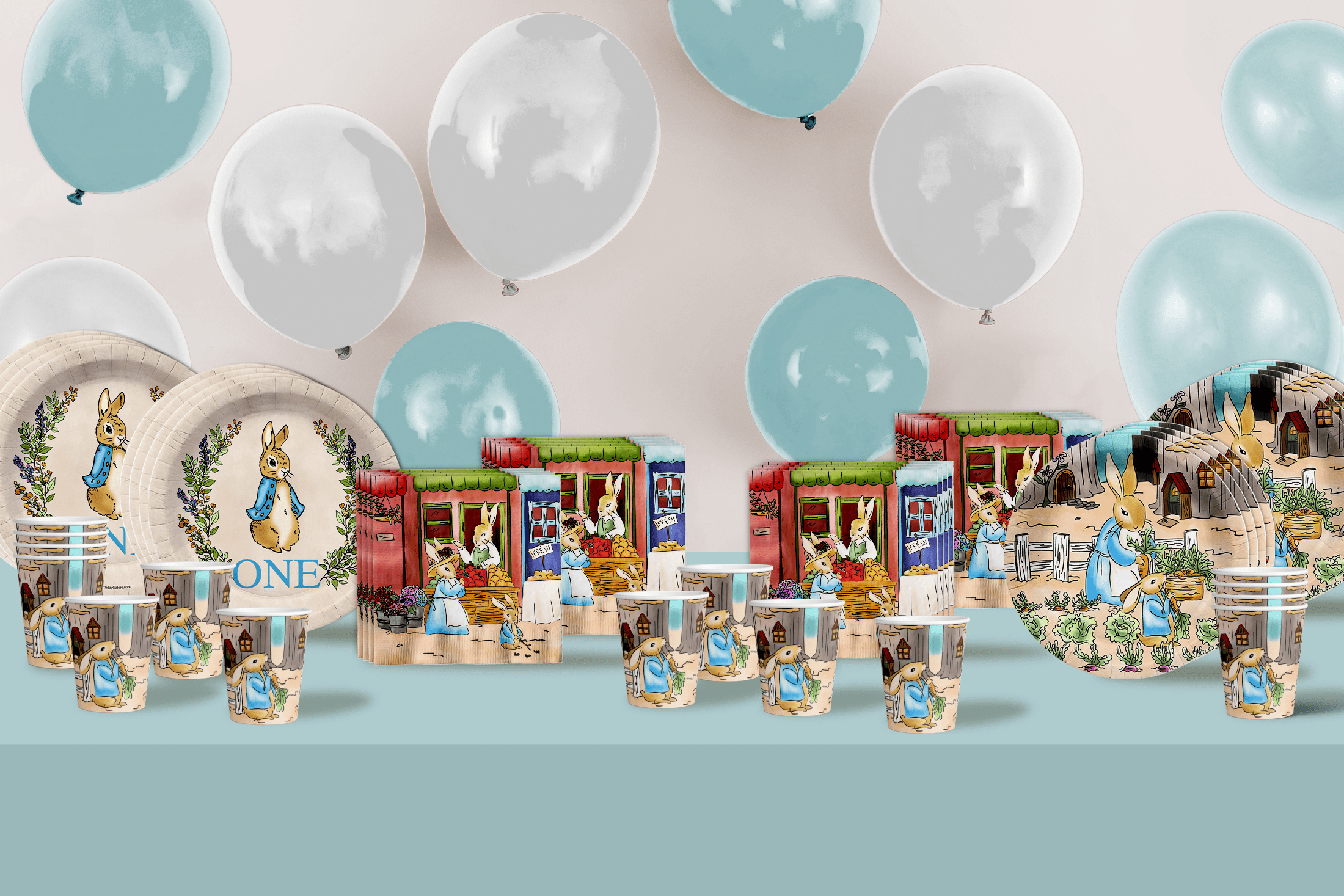 Peter Rabbit Boy's 1st Birthday Party Supplies - 64 Piece First Birthday Tableware Set Includes Large 9" Dinner Plates and 8" Dessert Paper Plates Napkins Cups - Kit for 16