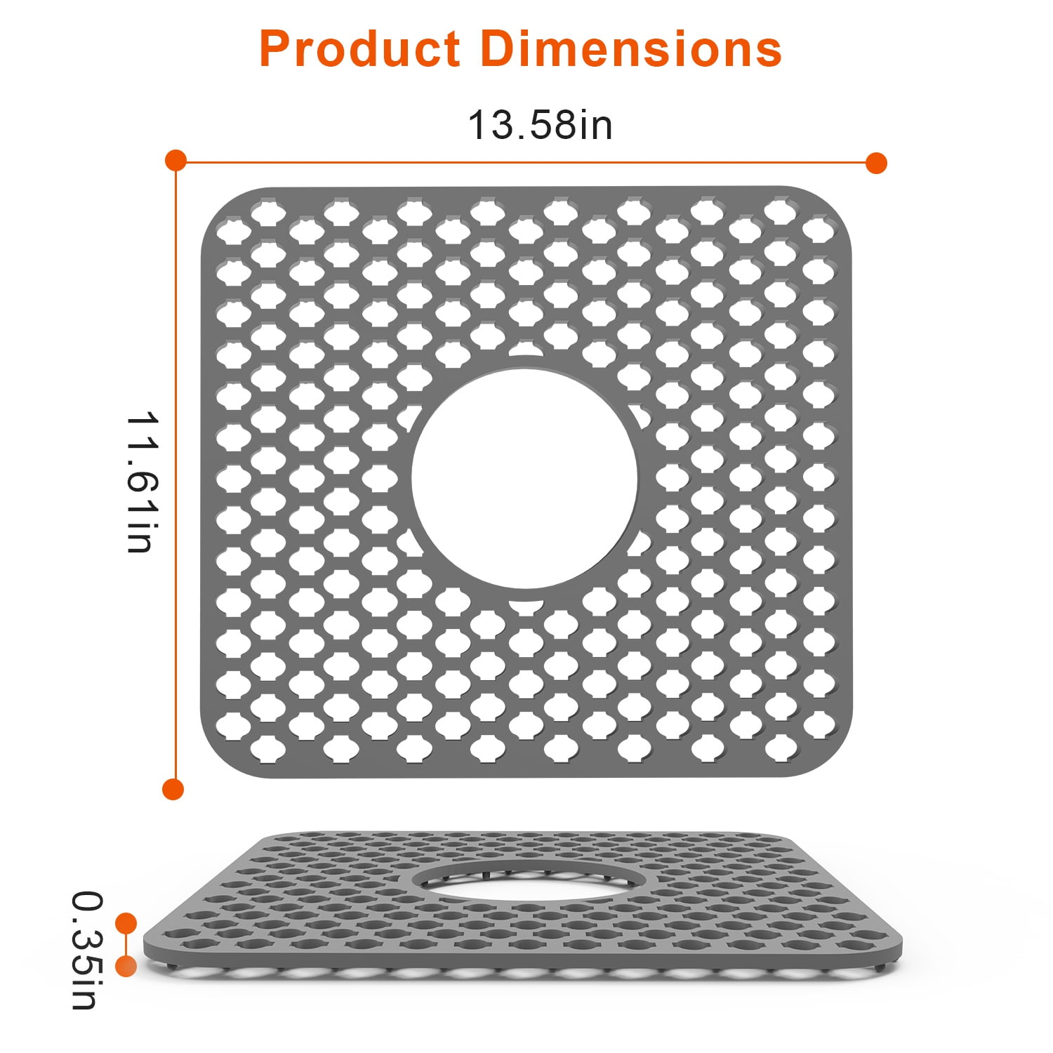 Zorpupoa 2Pcs Kitchen Sink Protector, 11.61x13.58" Silicone Sink Mat with Central Drain Hole Non-Slip Dishwasher Safe, Grey