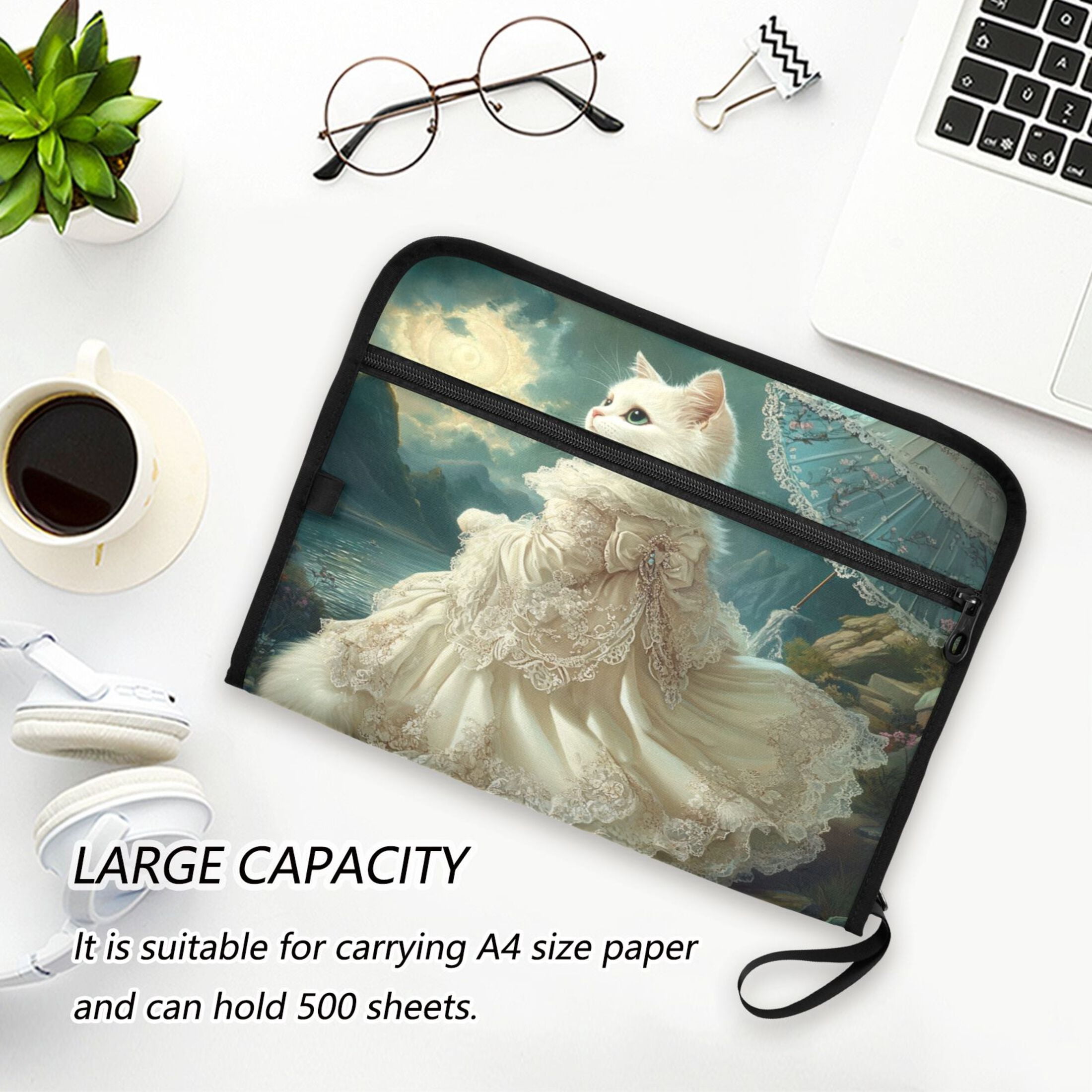 WOBOGO Princess White Cat Expanding File Folder Letter Size Accordion Filing Organizer 13 Pocket Separate Organ Pocket