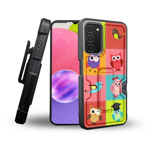 ANJ  Rugged Shockproof Holster Case Card Slot Kickstand   Tempered Glass Cover for Samsung Galaxy A03s - Patchwork Owls