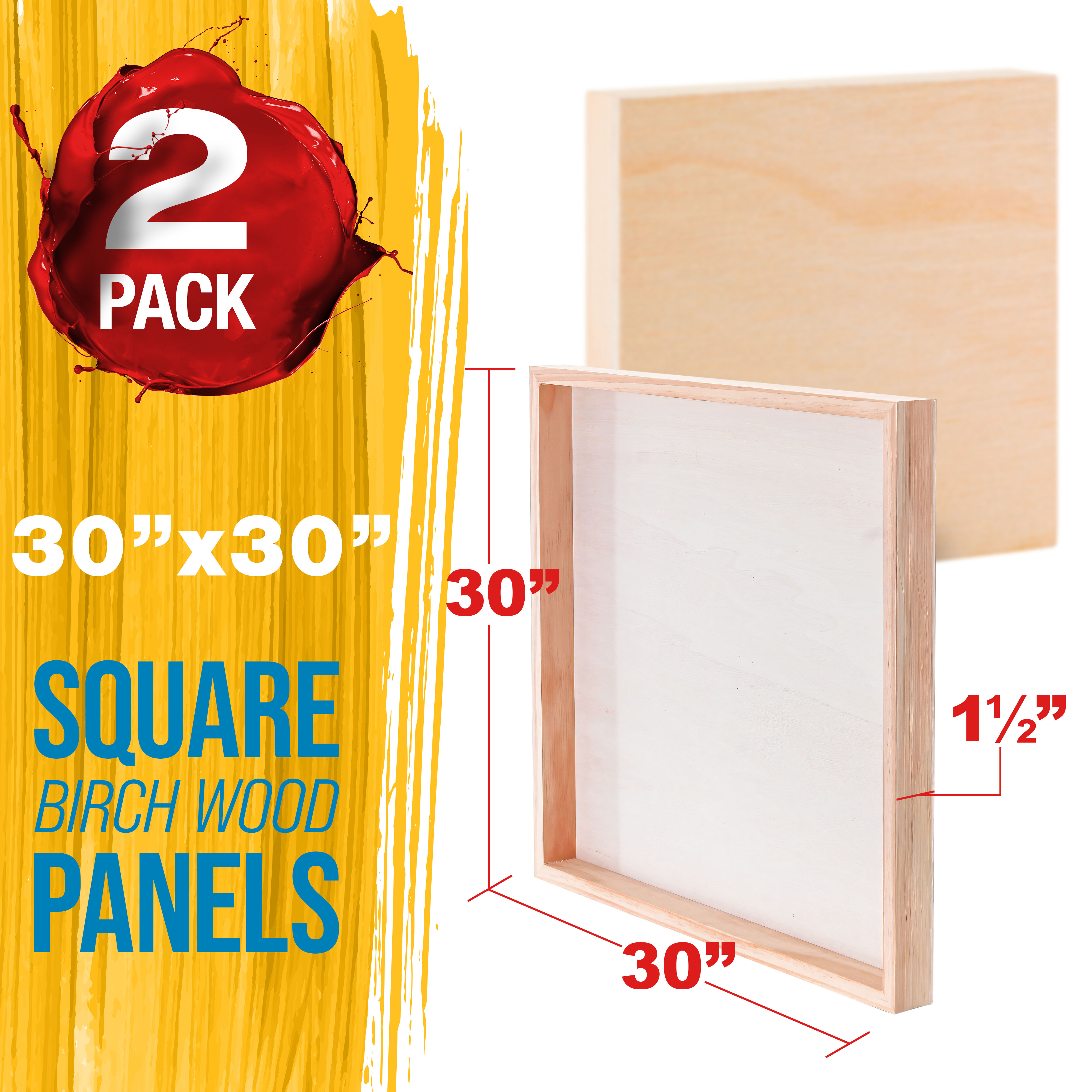 U.S. Art Supply Unfinished Cradled Wood Panels for Painting, 2 Pack of 30x30 inch - Gallery Birch Wooden Canvas Boards 1-1/2" Deep - Mixed-Media Craft, Acrylic, Oil, Encaustic, Paint Pouring