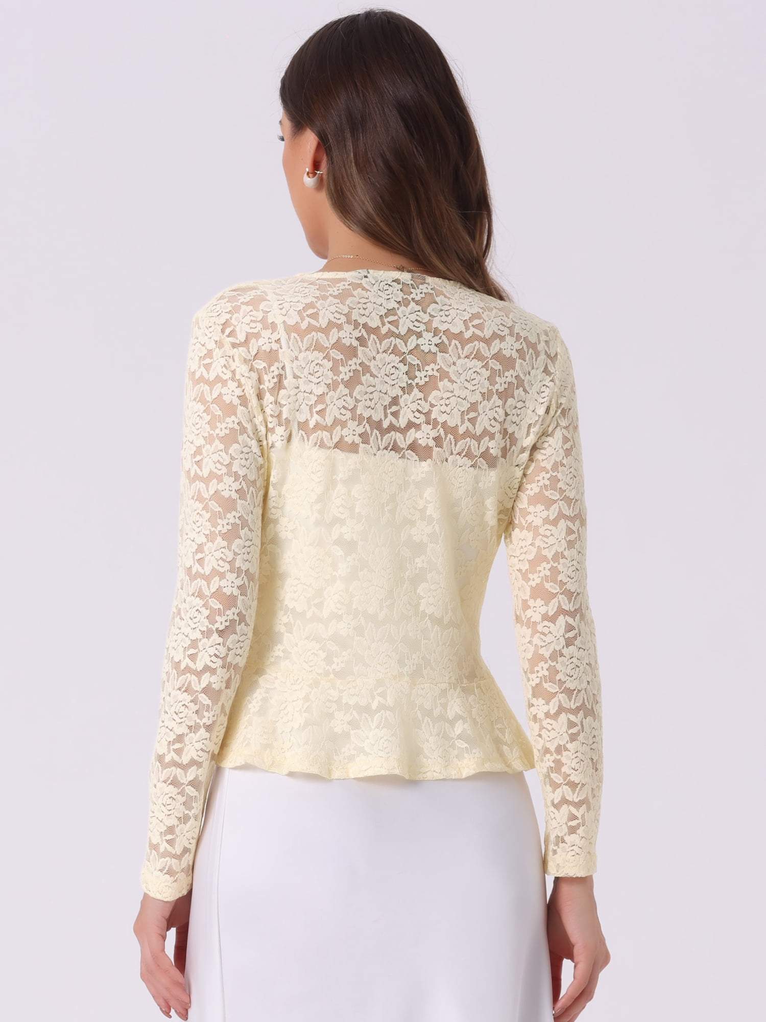 DARING DIVA Women's Ruffled Hem Floral Lace Crop Shrug Cardigan S Light Beige