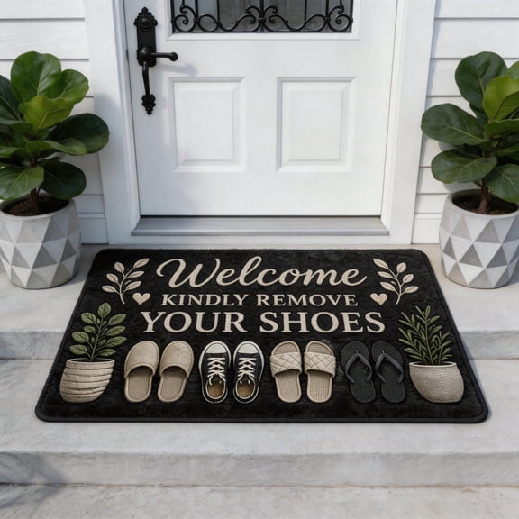 Welcome Doormat, Kindly Remove Your Shoes Front Door Mat, Funny Shoe Pattern Decorative Floor Rug, Non‑Slip Entryway Mat for Indoor Outdoor Home Entrance Decor