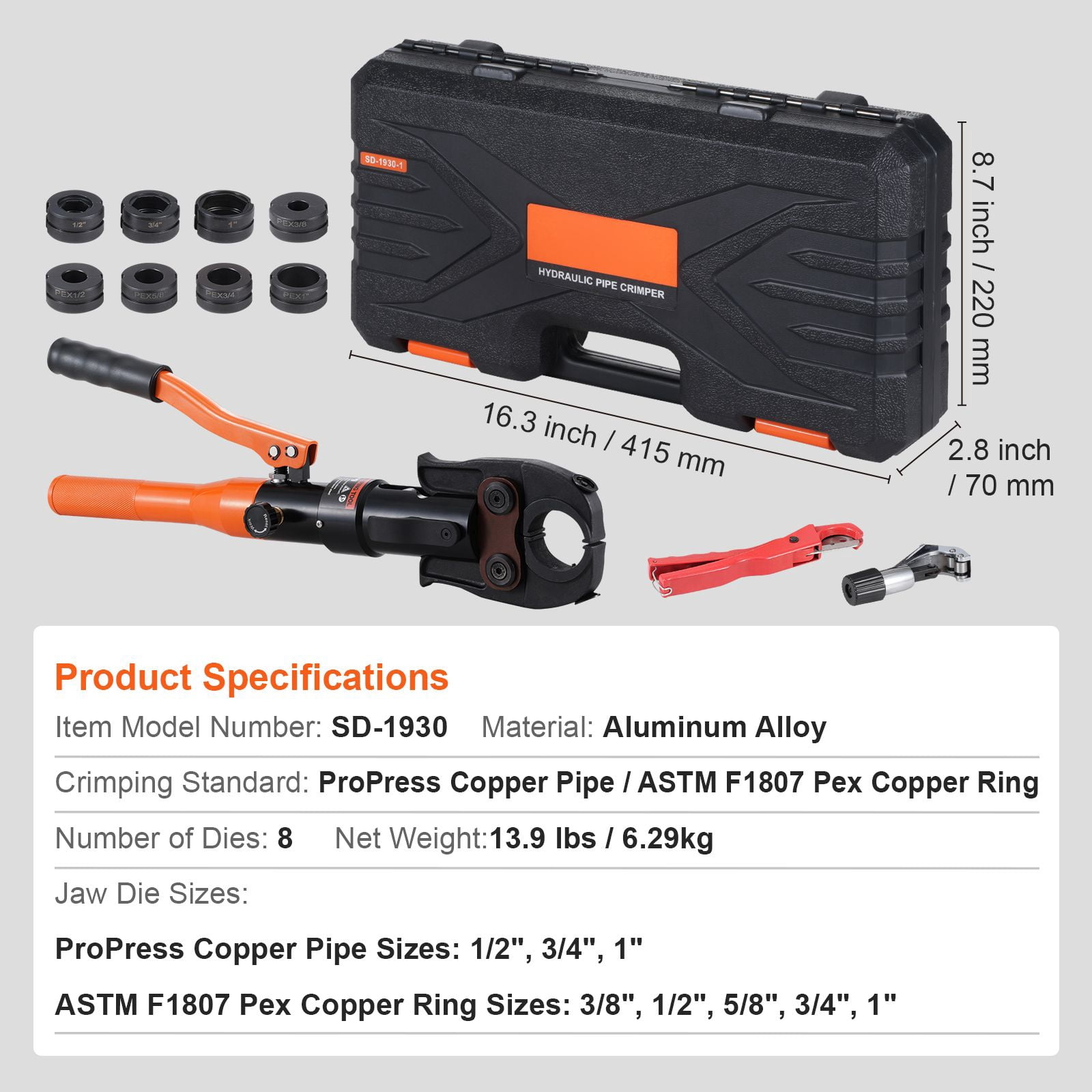Copper Pipe Crimping Tool,Hydraulic Driven Press Tool with 1/2",3/4",1"Jaws for Copper Pipe&3/8",1/2",5/8",3/4",1"Jaws for ASTM F1807 Pex Pipe Copper Ring