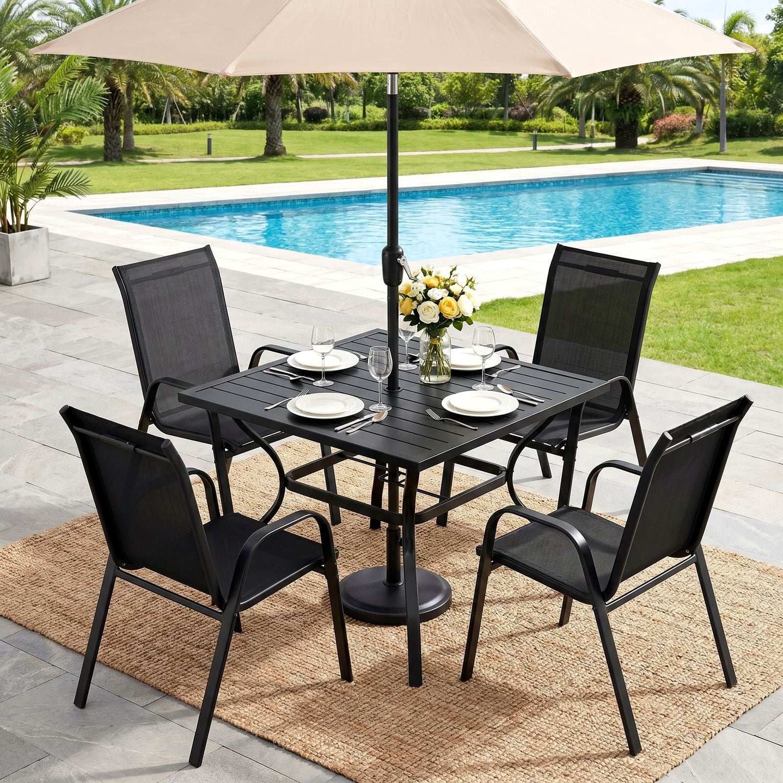 TLSUNNY 5 Pieces Patio Dining Set for 4, Outdoor Square Metal Table and Stackable Chairs, W/ 1.57"-1.8" Adjustable Umbrella Hole & Foot Pads, for Backyard, Deck