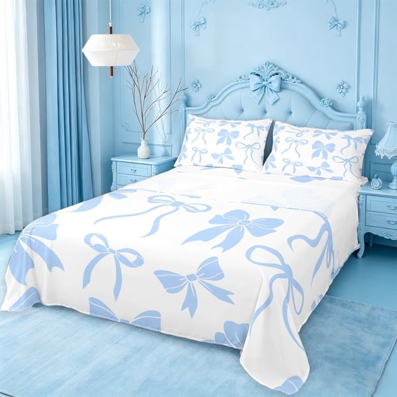 meiyoeat Blue Lovely Bow Bed Sheets For Girls,Dreamy Princess Bowknot Full Size Sheets For Kids,4-Piece