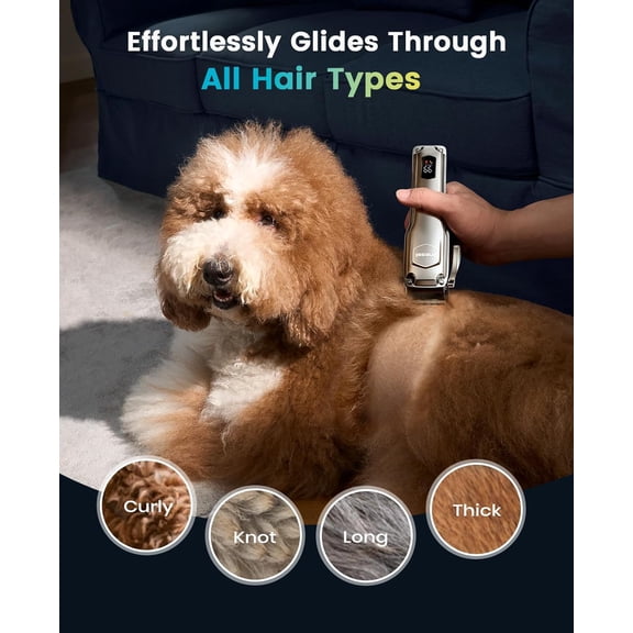 Dog Clippers for Grooming Thick Hair, Low Noise Cordless Pet Shaver with Detachable Stainless Steel Blade for All Coat Types