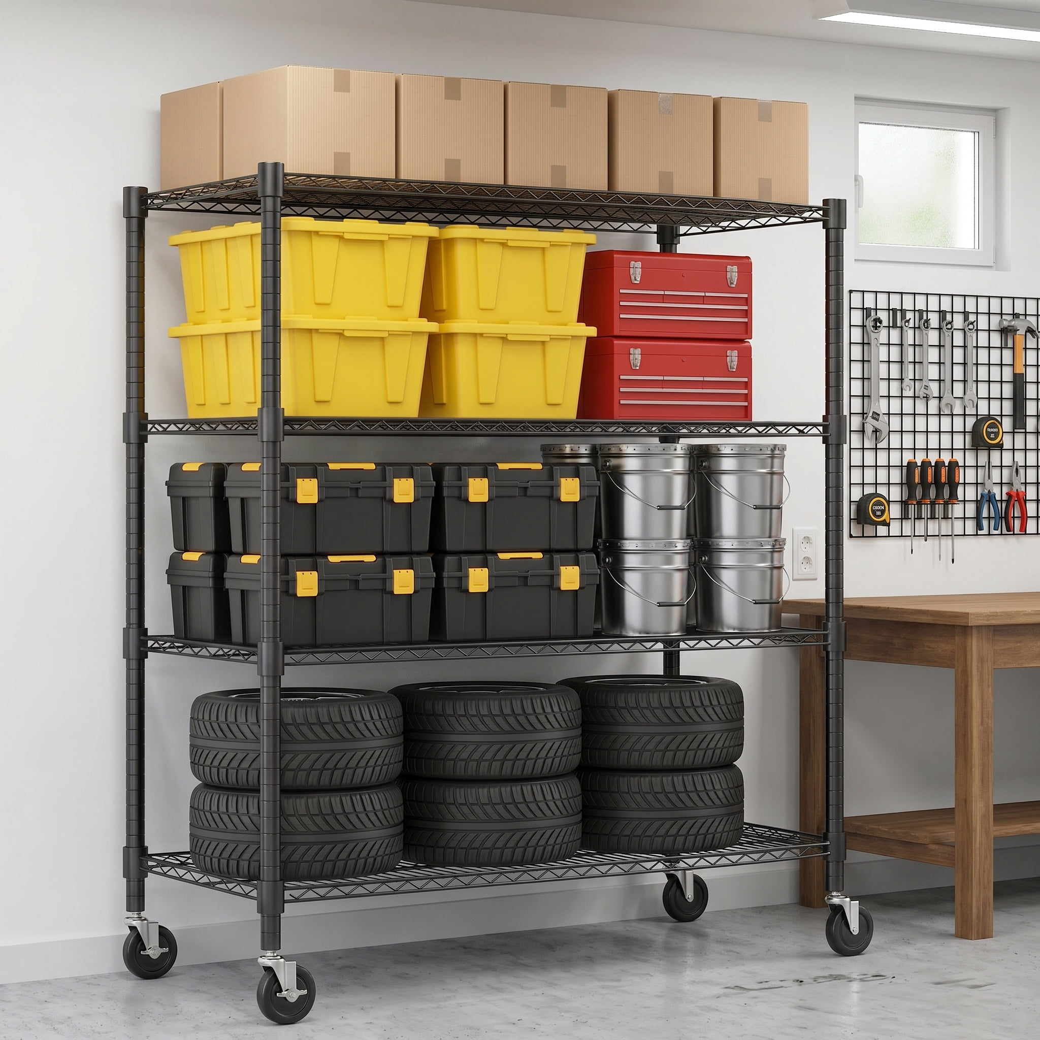 Legooin 48x18x72 inch Heavy Duty Wire Shelf on Wheels Garage Shelving Unit Industrial Shelf Residential Storage 2000lbs Capacity, Black