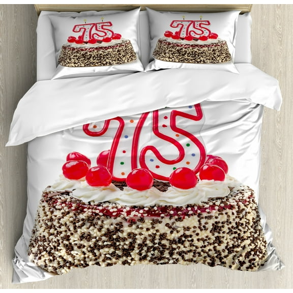 75th Birthday Duvet Cover Set King Size, Cute Number Candles on a Delicious Sweet Cake with Cherries Happiness Theme, Decorative 3 Piece Bedding Set with 2 Pillow Shams, Multicolor, by Ambesonne
