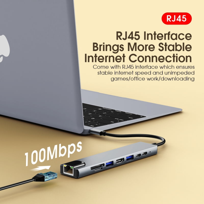 DOONJIEY  8 In 1 USB Multi Port Hub Custom Portable USB C Splitter USB OTG Card Reader Hub Ethernet Adapter