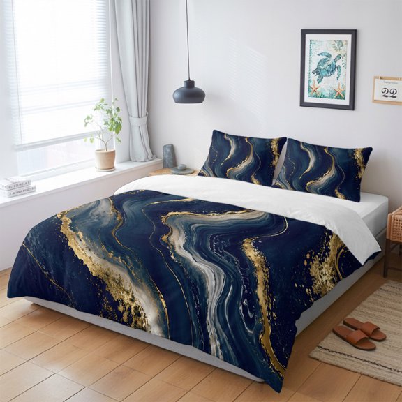 Duvet Cover King Size 3 Piece Bedding Set, Modern Dark Blue Fluid Art Soft Breathable Comforter Cover with 2 Pillow Shams, Gold Line Marble Texture Luxury Duvet Covers with Zipper Closure