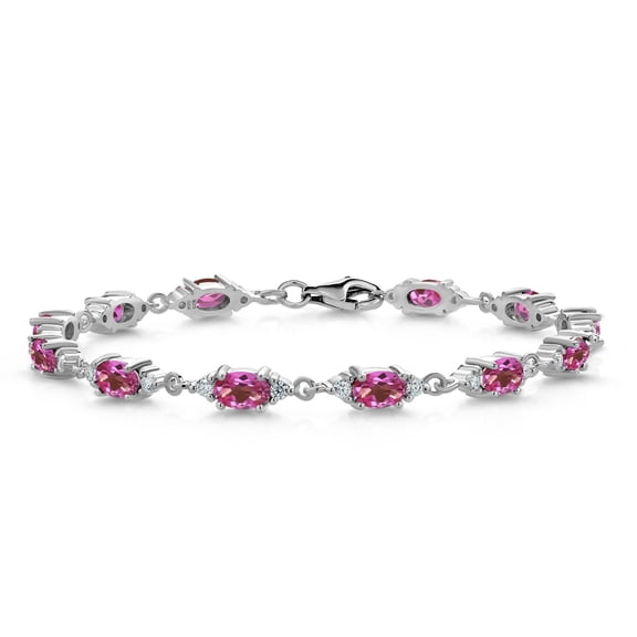 Gem Stone King 925 Sterling Silver Pink Mystic Topaz and White Moissanite Tennis Bracelet for Women (6.91 Cttw, Gemstone Birthstone, Oval 6X4MM, 6.5 inch)