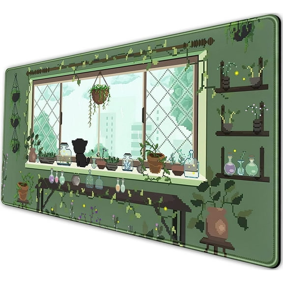 Cute Kawaii Green Plant Desk Mat Anime Aesthetic Mousepad Pixel Art XXL Large Gaming Mouse Pad Laptop Keyboard Mat Desk Pad 31.5x15.75 in, Office Home Decor Desk Mats for Women Girl Mouse Mat