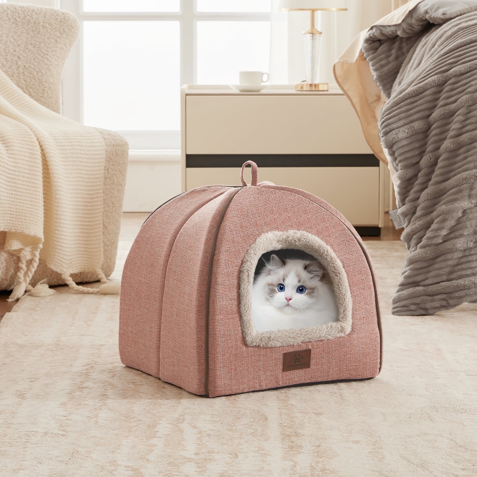 WINDRACING Cat Bed for Indoor Cats, Pink Cat Cave Tent with Washable Cushion Non-Slip Bottom for Kittens Puppy