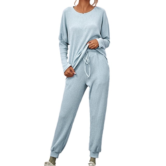Mrat Knit Two Piece Outfits for Women Long Sleeve Ribbed Tops Drawstring Pants with Pockets Sweatsuit Set S-2 Sky Blue L