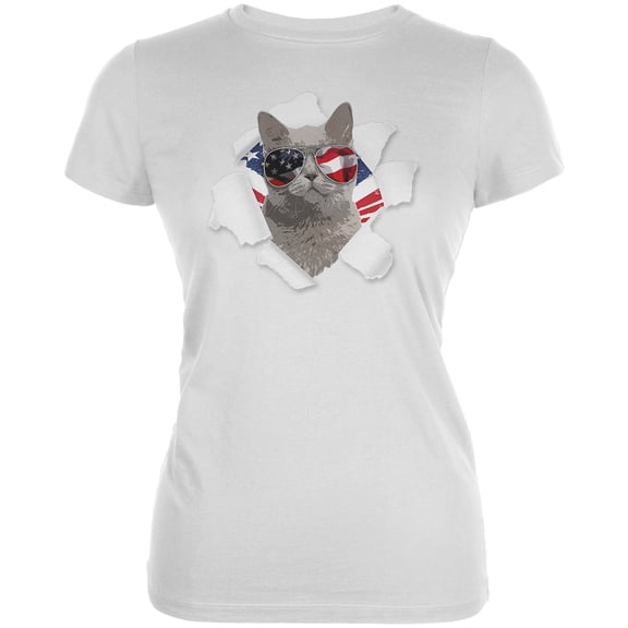 4th of July Meowica Americat Patriot Women's Juniors Soft T Shirt