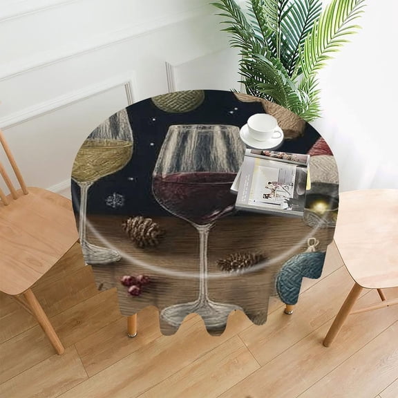 RKSupls 60 Inch Round Tablecloth, Wine Glasses Christmas Premium Polyester Straight Edge Wrinkle Resistant Washable Table Cover for Party Home Dining Decor