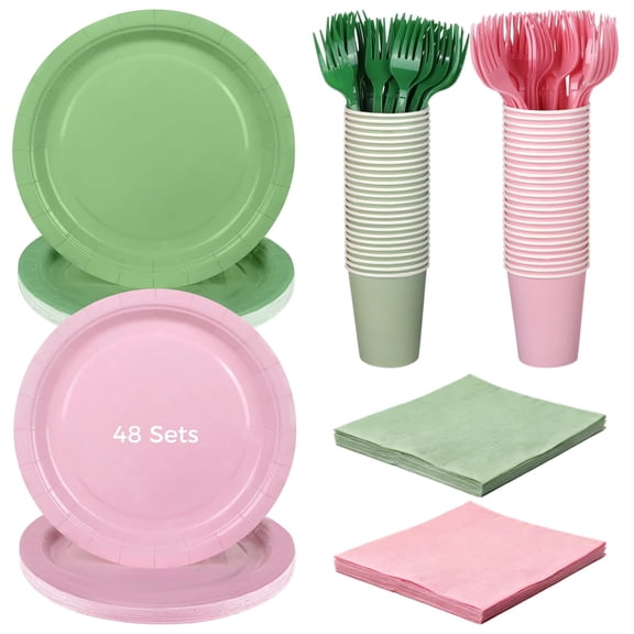48 Sets Green and Pink Party Supplies, 7 in Paper Plates, Cups, Napkins, Forks for Birthday, Picnic, Shower, Witch Theme Decorations, Disposable Tableware for Party Celebration