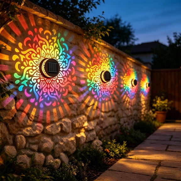 LUNAVORA 2PCS Color Changing Solar Mandala Projection Wall Light Outdoor LED Fence Lights Solar Powered Garden Decor for Patio Yard Wall Decoration