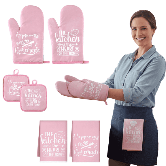 6 Pcs Kitchen Decor Accessories Set Farmhouse Towels Pot Holders Oven Mitts Set 2 Dish Towels 2 Potholders 2 Cooking Mittens Oven Glove for Christmas Baking Cooking Supply(Pink)
