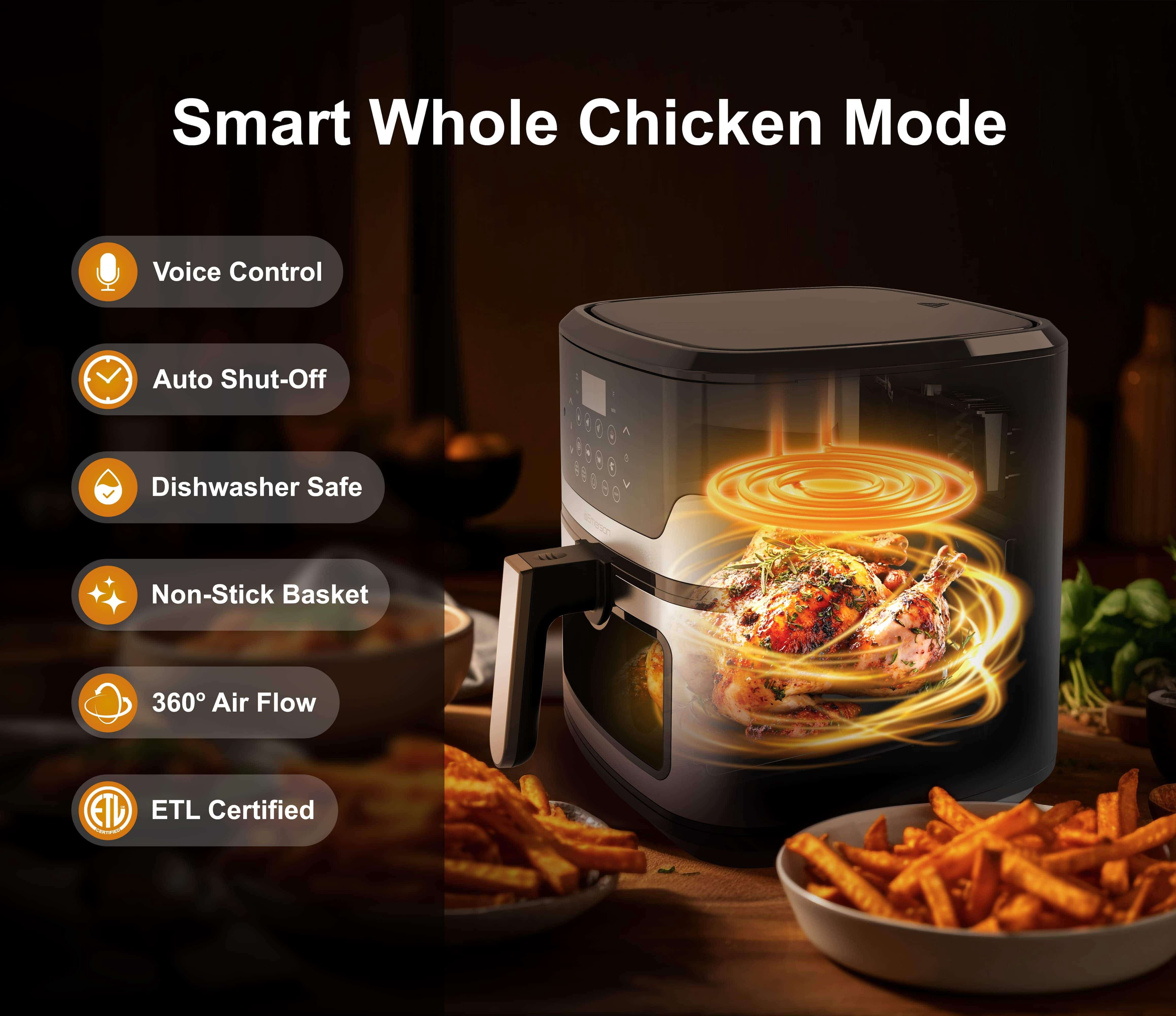Emerson SmartVoice 5.3QT 6-in-1 Air Fryer, 1K+ Voice Control Commands, 100+ Recognized Food, No APP, No WIFI, Air Fry, Bake, Reheat, Dehydrate, 1500W