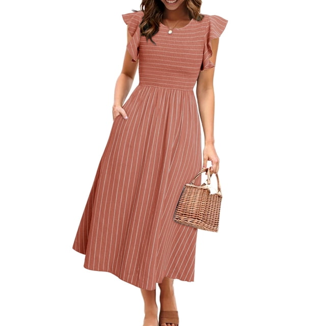 Vestido Simplee para mujer, a rayas, con volantes, manga corta, rojo