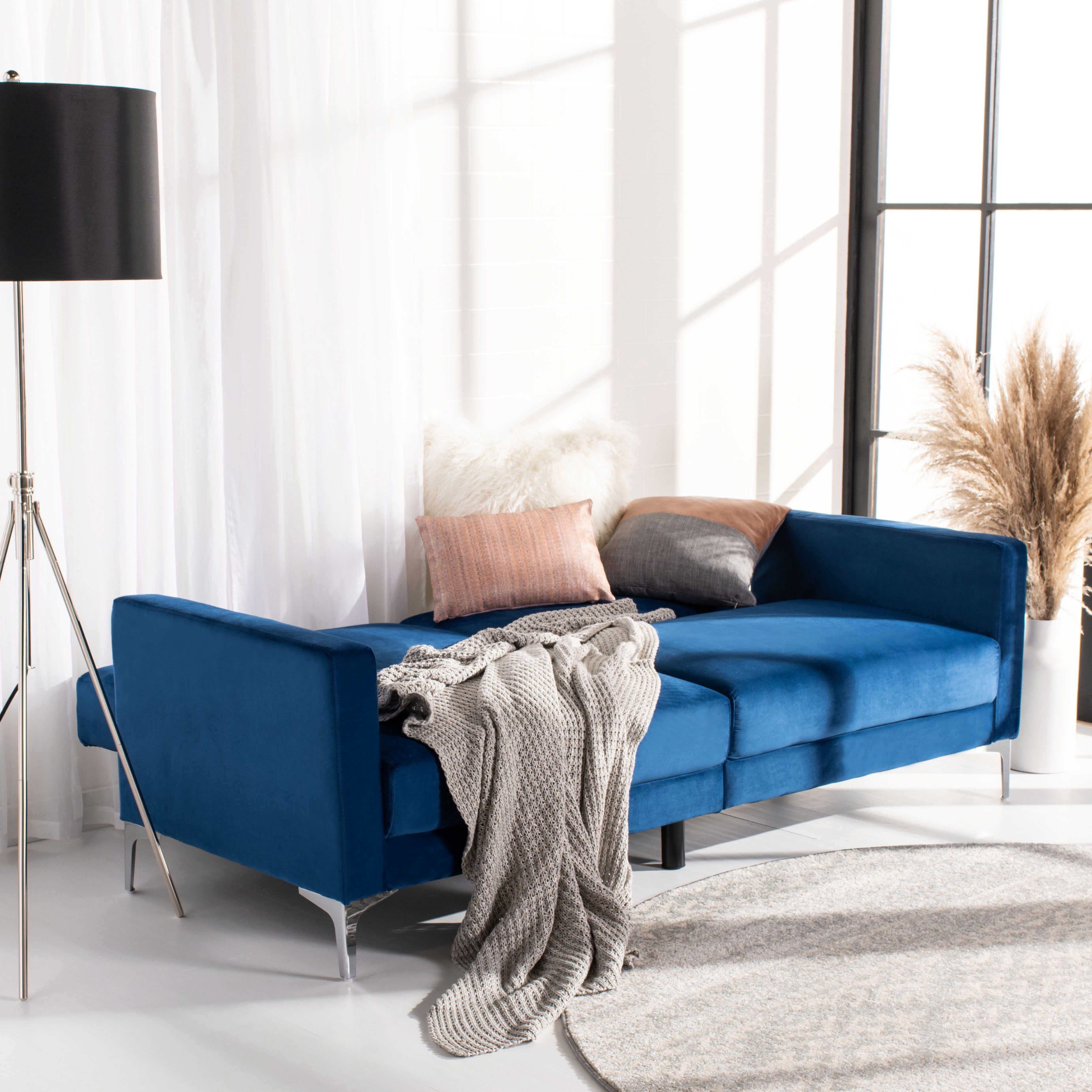 SAFAVIEH Chelsea Transitional Foldable Futon Bed, Navy/Chrome ( 79.1 in. W x 33.1 in. D x 32.7 in. H)