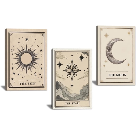 Singg 3 Pieces Sun Moon and Stars Wall Art Celestial Pictures Vintage Tarot Canvas Prints Mystic Themed Pictures for Home Office Decor