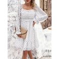thumbnail image 5 of Women's Smocked Polka Dot Long Sleeve Dress 100% Polyester Fabric with Sheer Bodice and Slight Stretch for Day to Night, 5 of 9