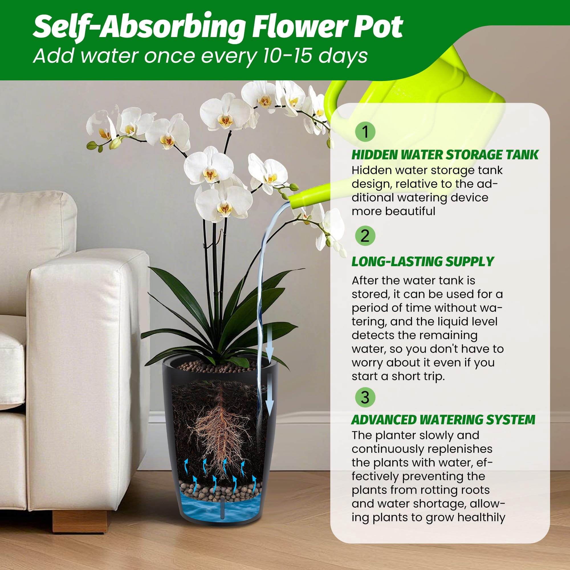 Large Planters with Built-In Drainage System and Water Level Monitor, Planter Set of 2, Self-Watering Flower Pots for Indoor and Outdoor Use, Perfect for Porch, Patio, Backyard
