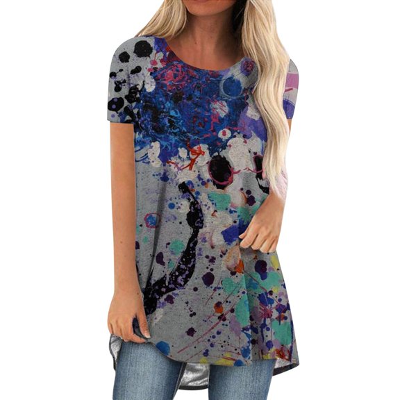 IROINNID Summer Leisure Tops For Women Summer Printed Round-Neck Loose Short Sleeve Tops Blouse Under 10$