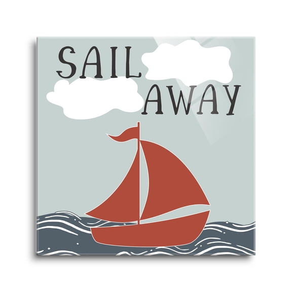 Sail Away Grey Waves Boat 12 x 12 Glass Wall Hanging Sign
