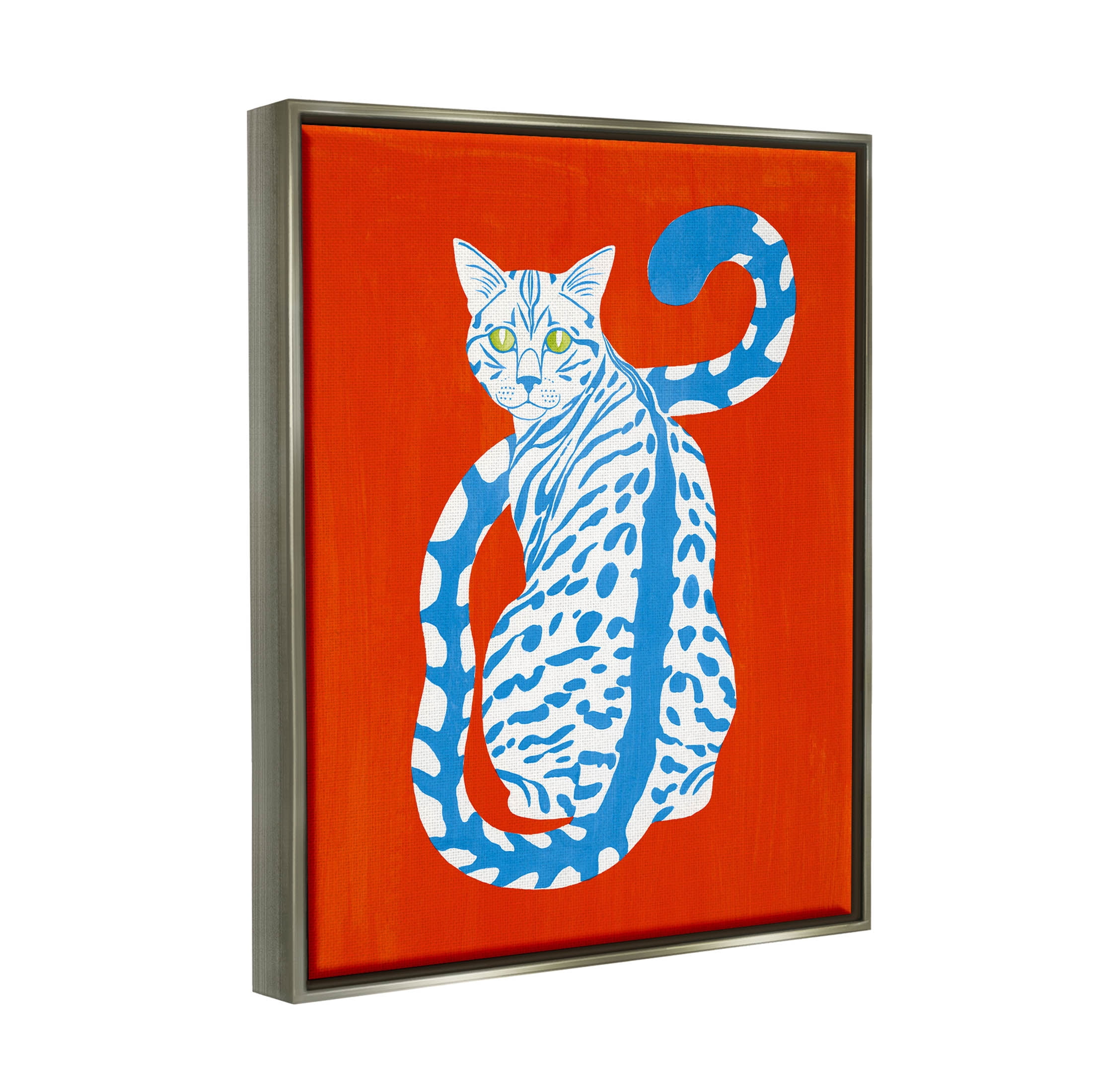 Stupell Industries Blue Gazing Cat Bold Modern Design Graphic Art Luster Gray Floating Framed Canvas Print Wall Art, Design by Grace Popp