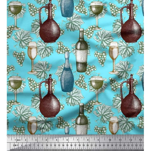 Soimoi Crepe Silk Fabric Wine Bottle,Leaves & Grapes Fruits Decor Fabric Printed Yard 42 Inch Wide
