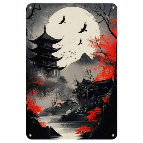 Japanese Landscape Metal Wall Art - 1 Pc Iron Poster with Red Tree, Shrine, Moon & Birds - High-Definition Vintage Iron Painting for Home Decor - 8"x12" Anime & Manga Inspired Durable Iron Sign