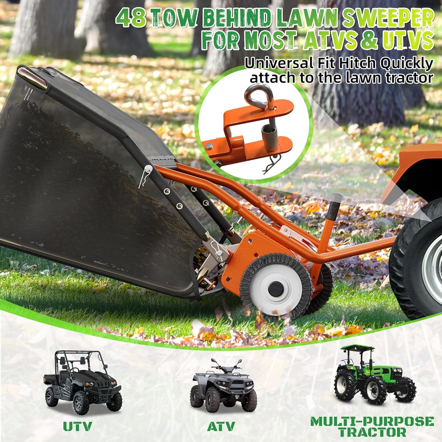 48" Tow Behind Lawn Sweeper Leaf Collector Sweeper for Lawn 25.16 Cu FT Capacity