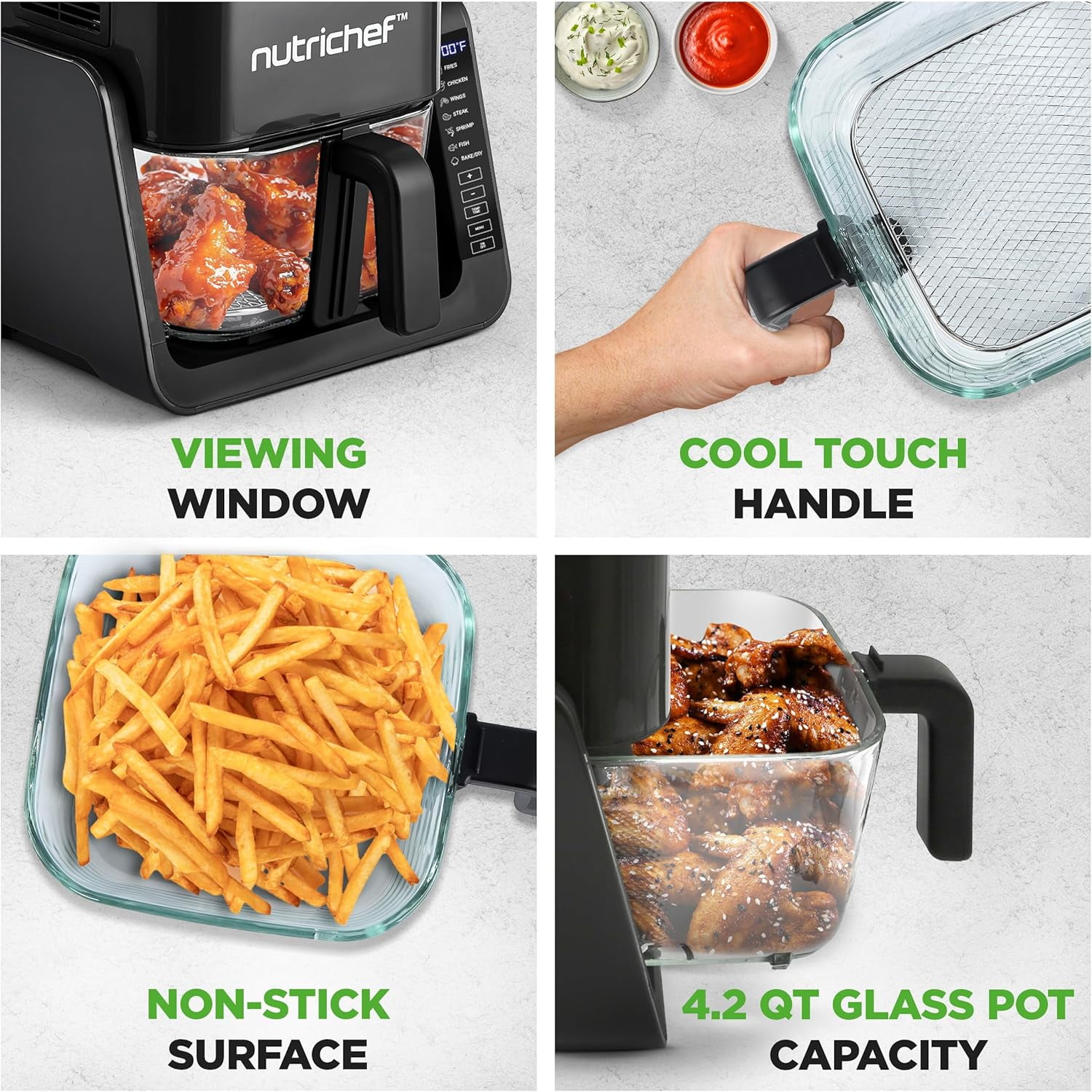NutriChef 4QT Air Fryer & Grill Combo, 7 Preset Cook Modes, Transparent Glass Fry Bowl, 1.2QT Grill, Black