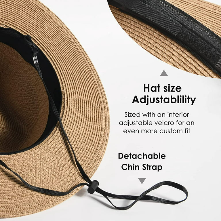 Panama Hat Sun Hats for Women Men Wide Brim Fedora Straw Beach Hat UV UPF  50- Khaki- M 