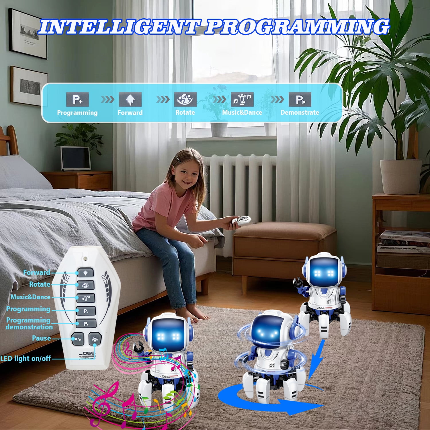 Lvelia RC Robot Toy for Kids,Intelligent Programmable Remote Control Walking Singing Dancing Interactive Smart Robot with Auto-Demon, Music and LED Eyes, Birthday Gift for 3+ Years Old Boys Girls